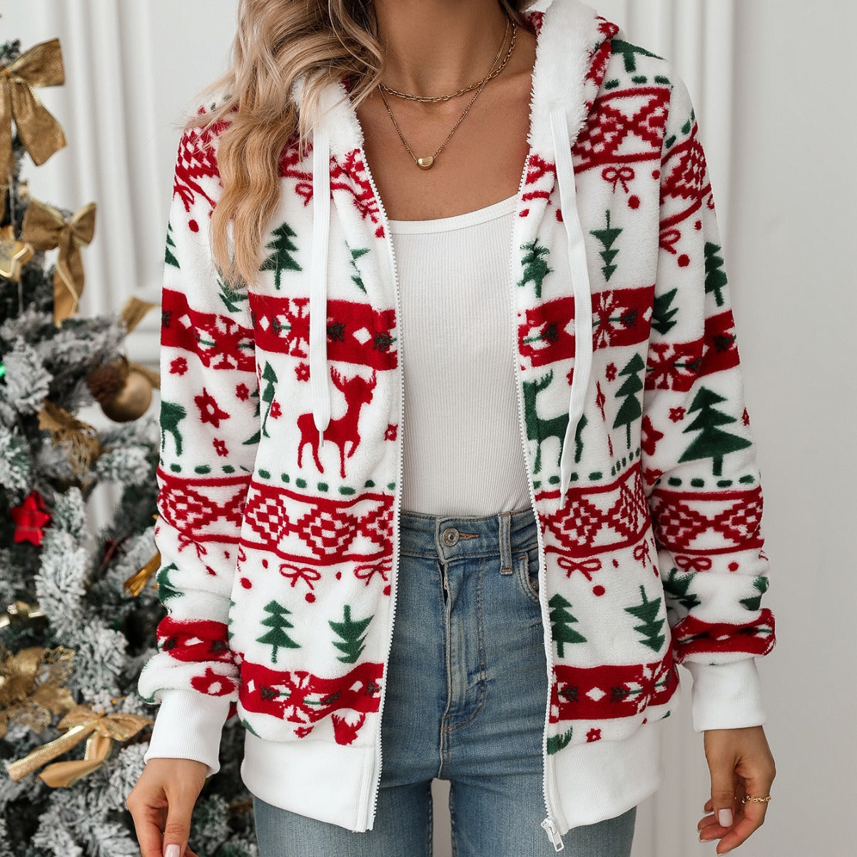 Women's Cozy Hooded Sweater with Festive Motif NOVAE