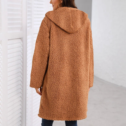 Women's long jacket with teddy-like lining and practical pockets NOVAE