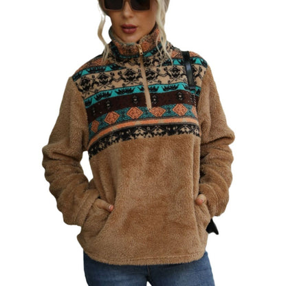 Women's fleece pullover with mid-height collar and decorative pattern NOVAE