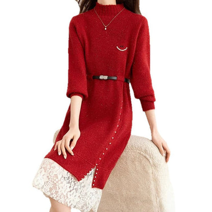 Women's knit dress with decorative button details and lace NOVAE