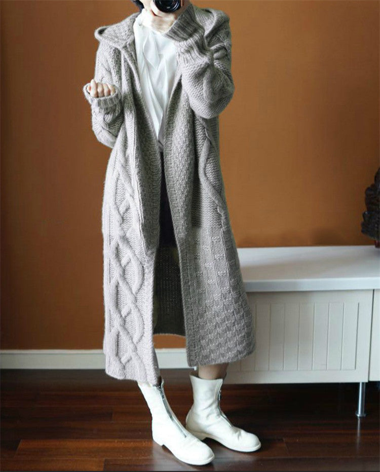 Women's Long Knitted Coat with Hood and Cable Pattern NOVAE