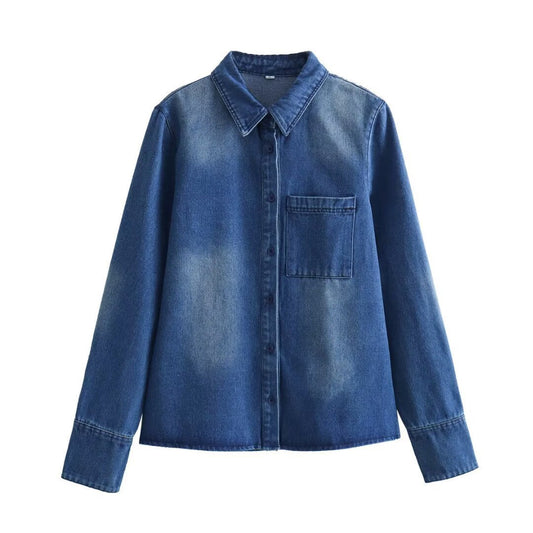 Women's denim shirt with practical chest pocket and fashionable washed effect NOVAE
