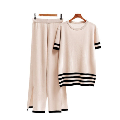 Women's stylish knit loungewear set with wide stripes and side slits NOVAE