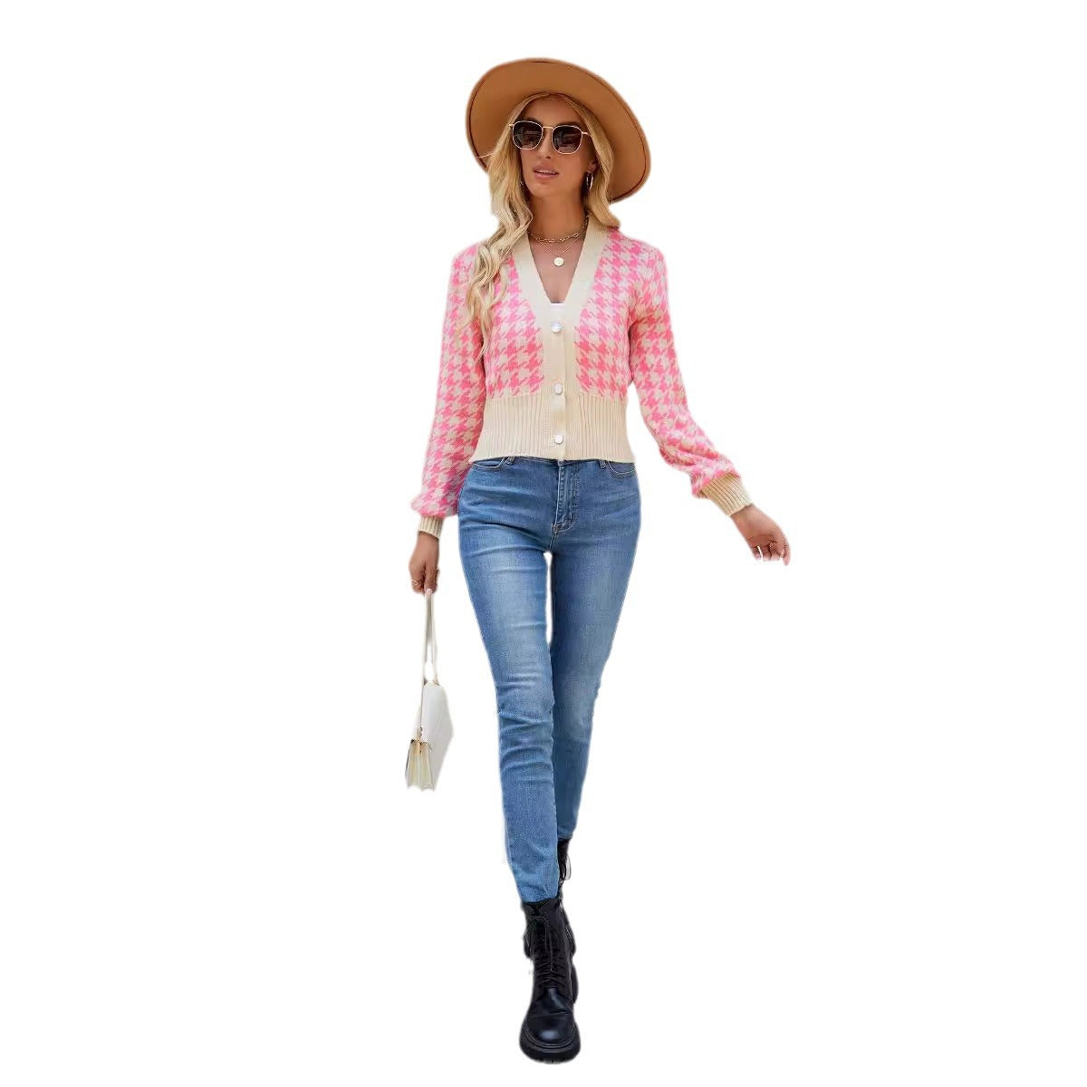Women's fashionable cardigan with checkerboard pattern and button details NOVAE