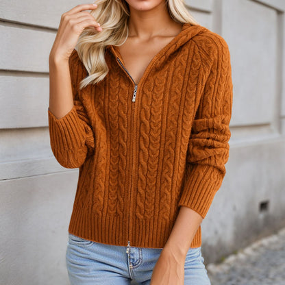 Women's hooded cardigan with detailed cable knit pattern NOVAE