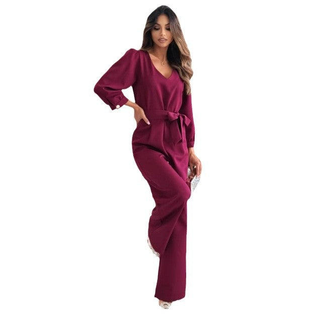 Women's Elegant Jumpsuit with Adjustable Belt and V-Neck NOVAE