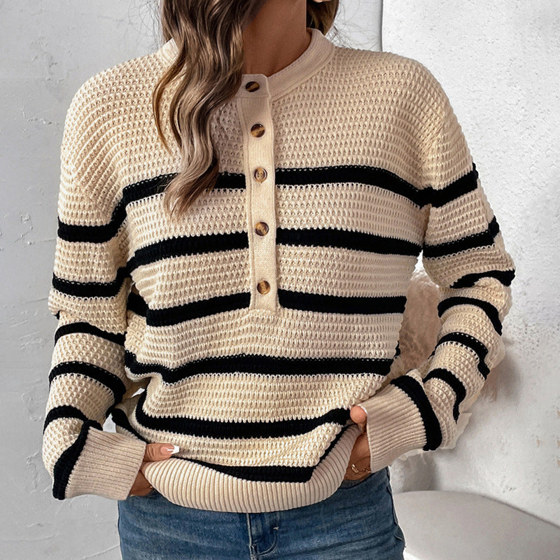 Women's striped sweater with button placket in textured wool NOVAE