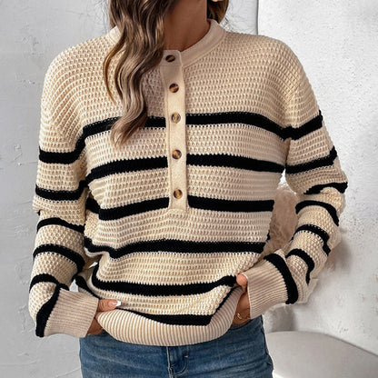 Women's striped sweater with button placket in textured wool NOVAE