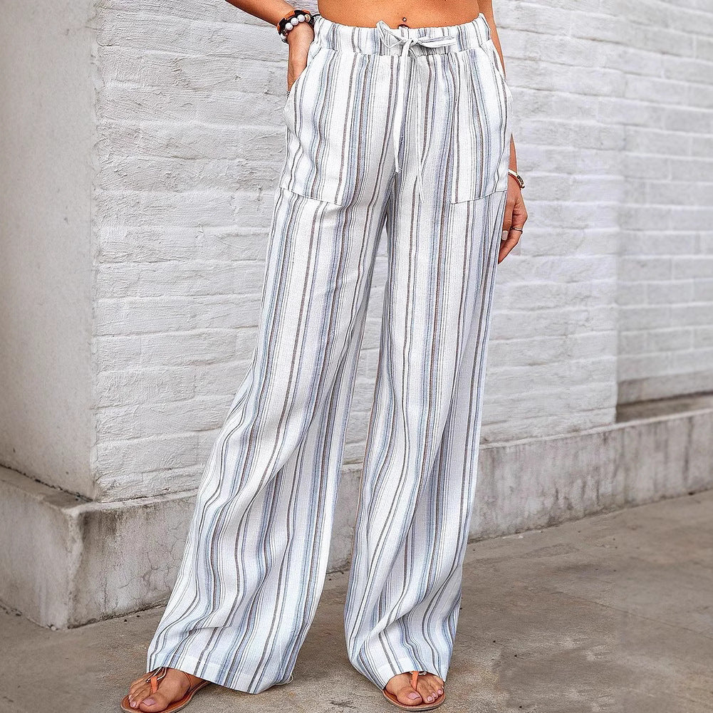 Women's wide-leg linen trousers with elasticated waistband and side pockets NOVAE