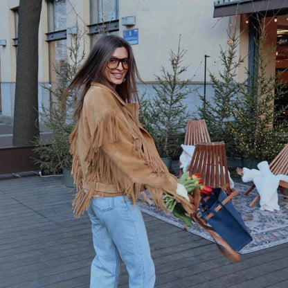 Women's leather jacket with fringe and waist belt NOVAE