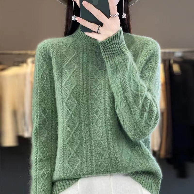 Women's High-Quality Knit Sweater with Stand-Up Collar and Cable Knit Design NOVAE
