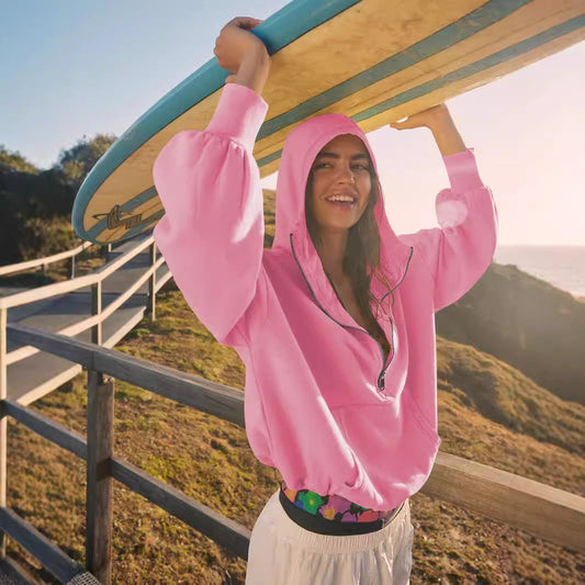 Women's sporty hoodie with half zipper and functional pockets NOVAE