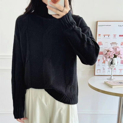 Women's knitted sweater with high collar and cable pattern NOVAE