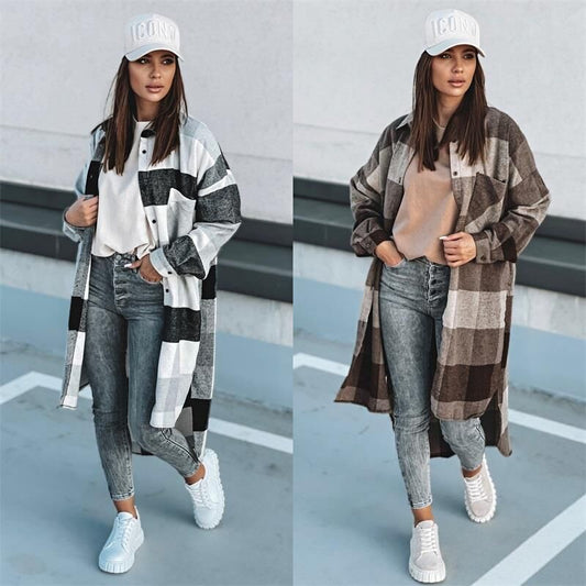 Women's Long Check Winter Coat with Button-Down Design and Loose Fit NOVAE