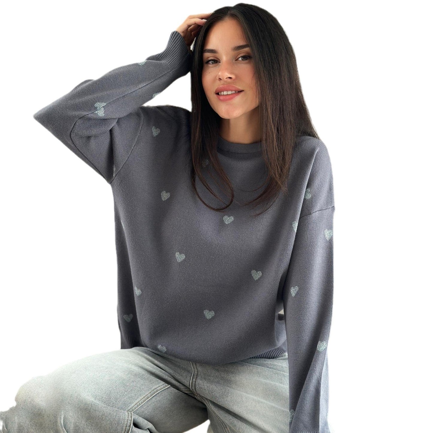 Women's autumnal knit sweater with heart pattern and comfortable cut NOVAE