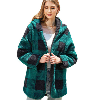 Women's Oversized Fleece Jacket with Hood and Check Pattern NOVAE