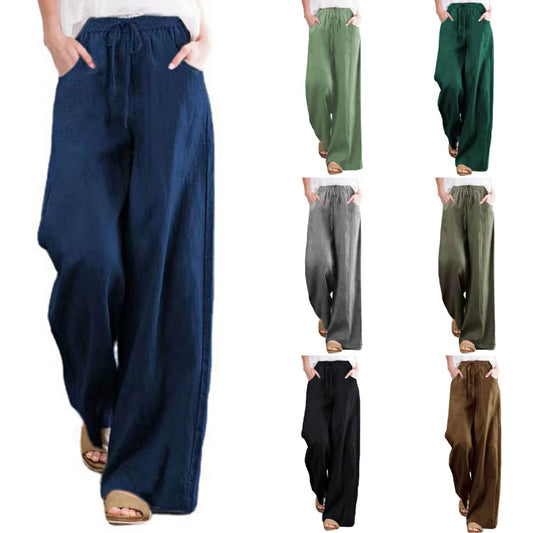 Women's wide-leg linen trousers with elasticated waistband and side pockets NOVAE