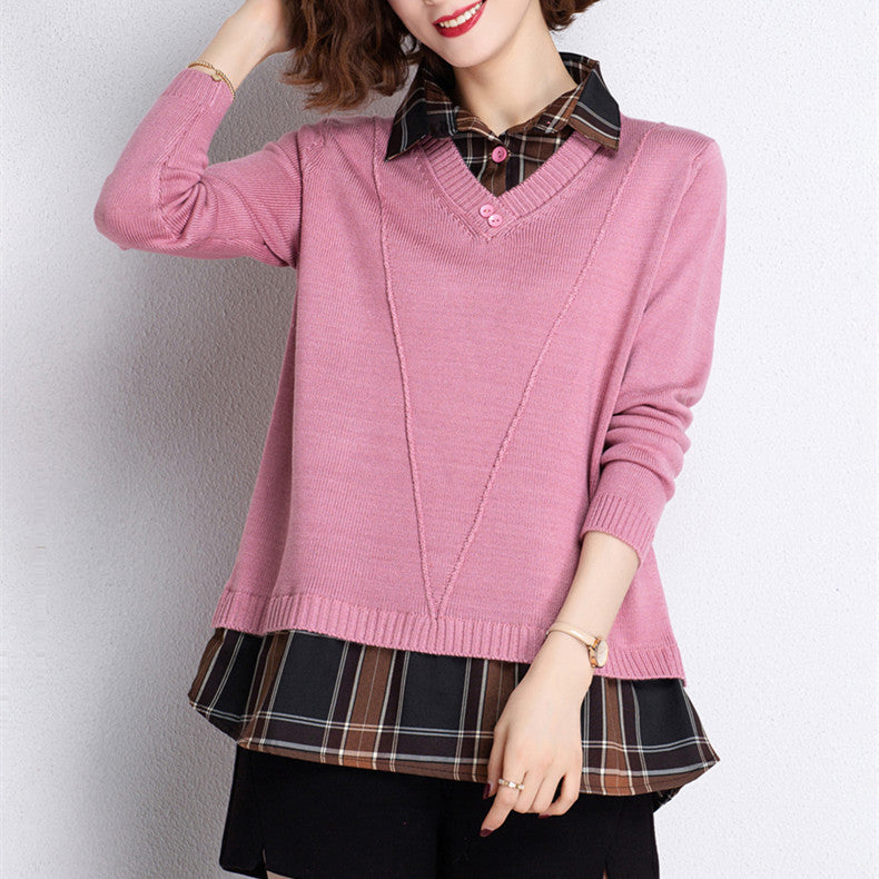 Women's layered knit sweater with V-neck and trendy shirt blouse NOVAE