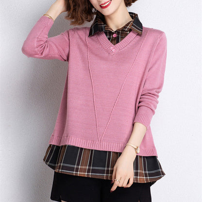 Women's layered knit sweater with V-neck and trendy shirt blouse NOVAE