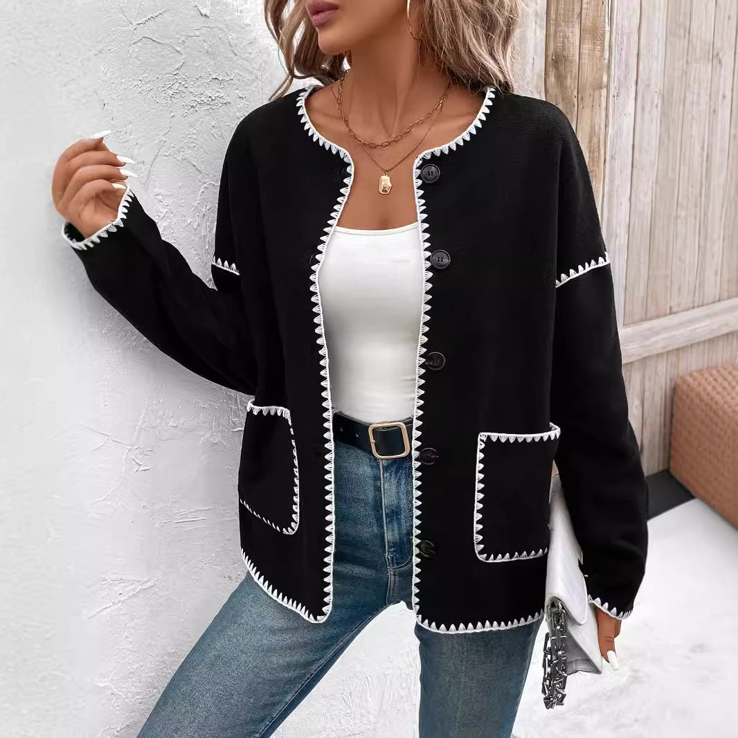 Women's fashionable cardigan with decorative contrast trim and large pockets NOVAE