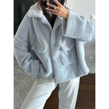 Women's Cozy Teddy Jacket with Large Lapels and Practical Pockets NOVAE