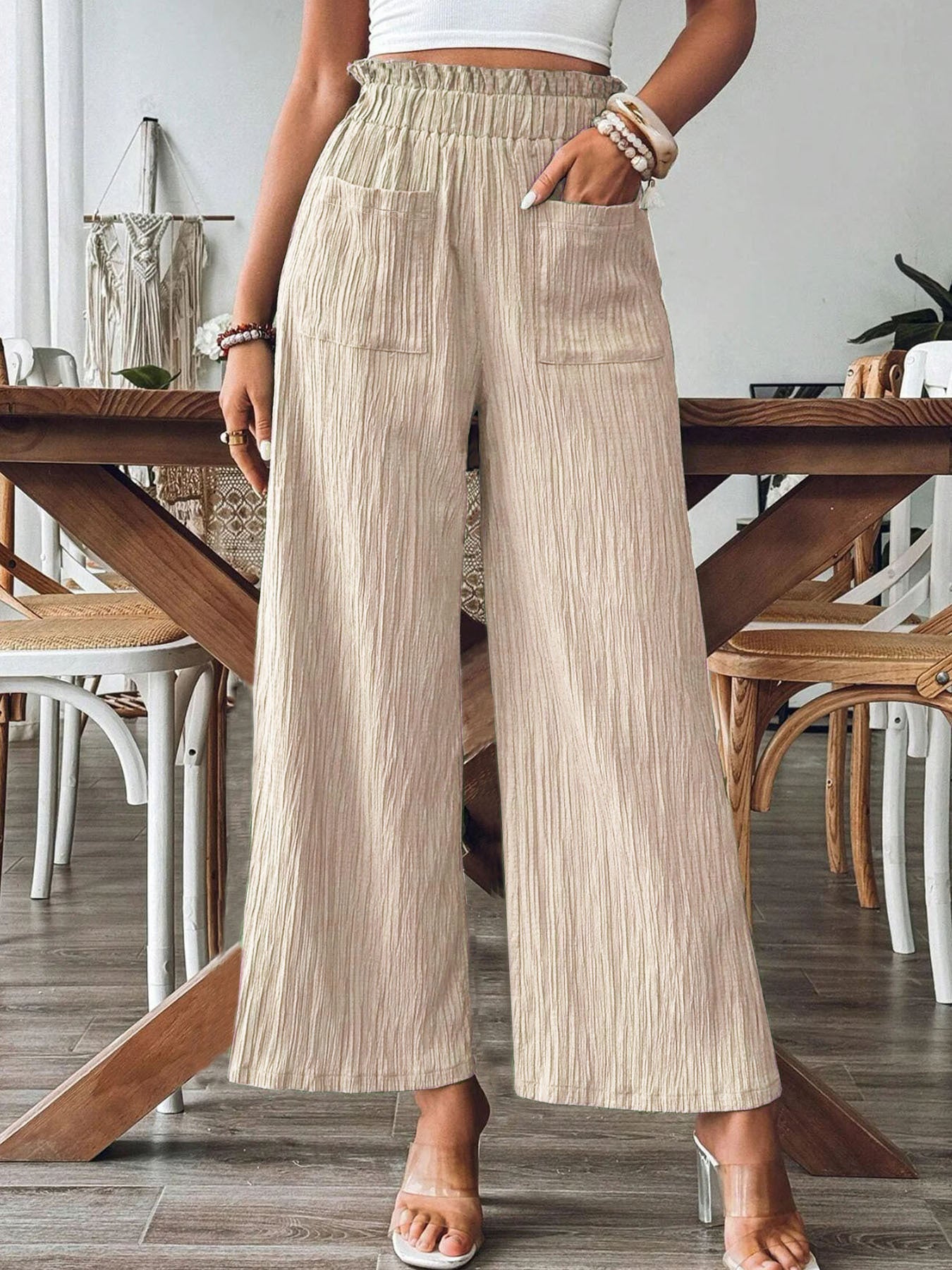 Women's wide-leg linen trousers with elasticated waistband and practical pockets NOVAE