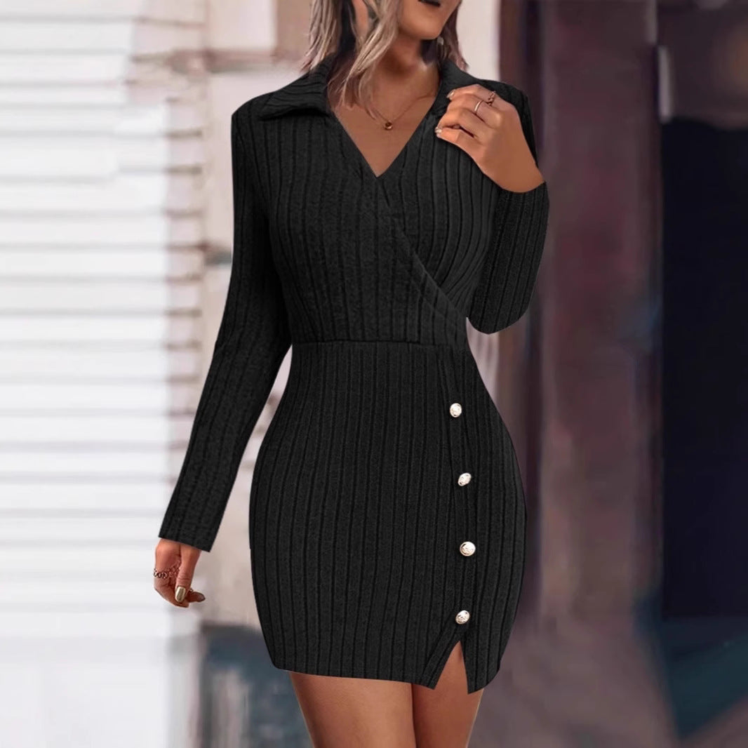 Women's knitted dress with V-neck and button details NOVAE