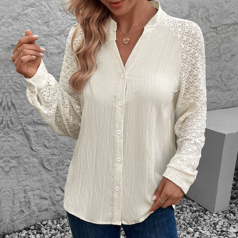 Women's blouse with elegant lace sleeves and textured fabric NOVAE