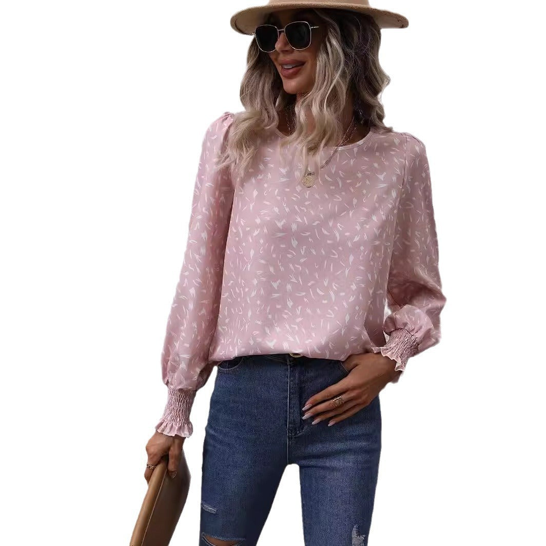 Women's elegant blouse with sophisticated puff sleeves and delicate pattern NOVAE