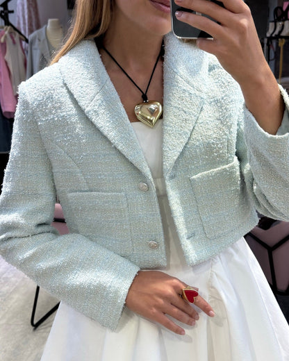 Women's elegant short jacket made of high-quality bouclé with shimmering button details NOVAE