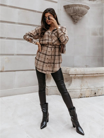 Women's long-sleeved shirt dress with adjustable belt and fashionable check design NOVAE