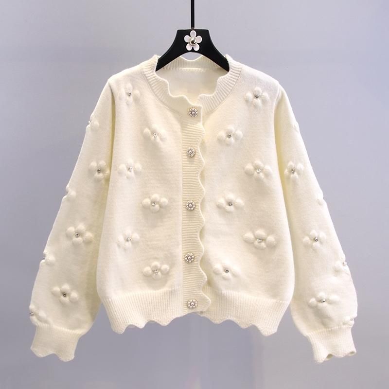 Women's playful knit cardigan with decorative pearl buttons and floral design NOVAE
