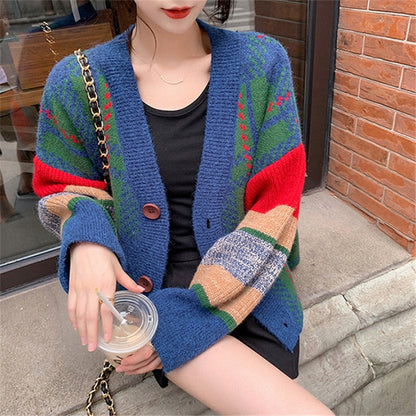 Women's chunky knit cardigan with colorful check pattern and large wooden buttons NOVAE