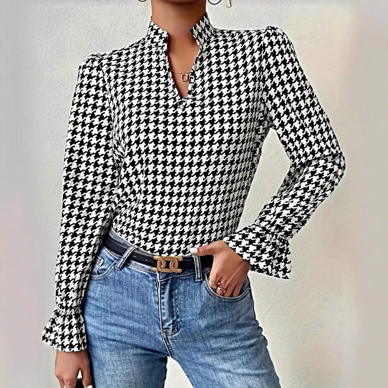 Women's long-sleeved blouse with classic houndstooth pattern and fashionable flounce sleeves NOVAE