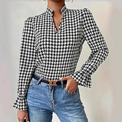 Women's long-sleeved blouse with classic houndstooth pattern and fashionable flounce sleeves NOVAE