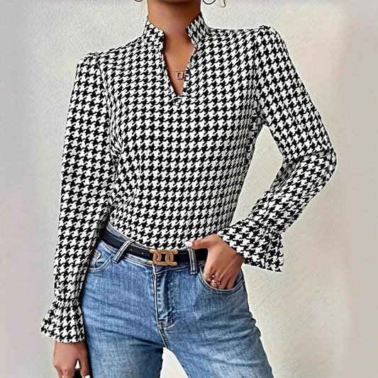 Women's long-sleeved blouse with classic houndstooth pattern and fashionable flounce sleeves NOVAE