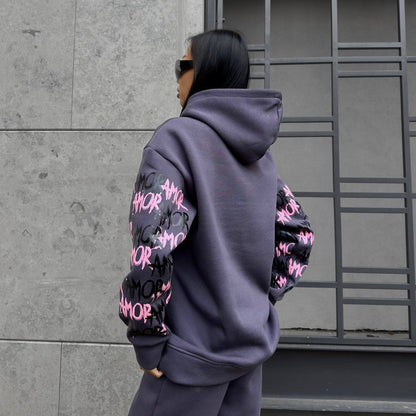 Women's hoodie with creative lettering and unique sleeve graphics NOVAE