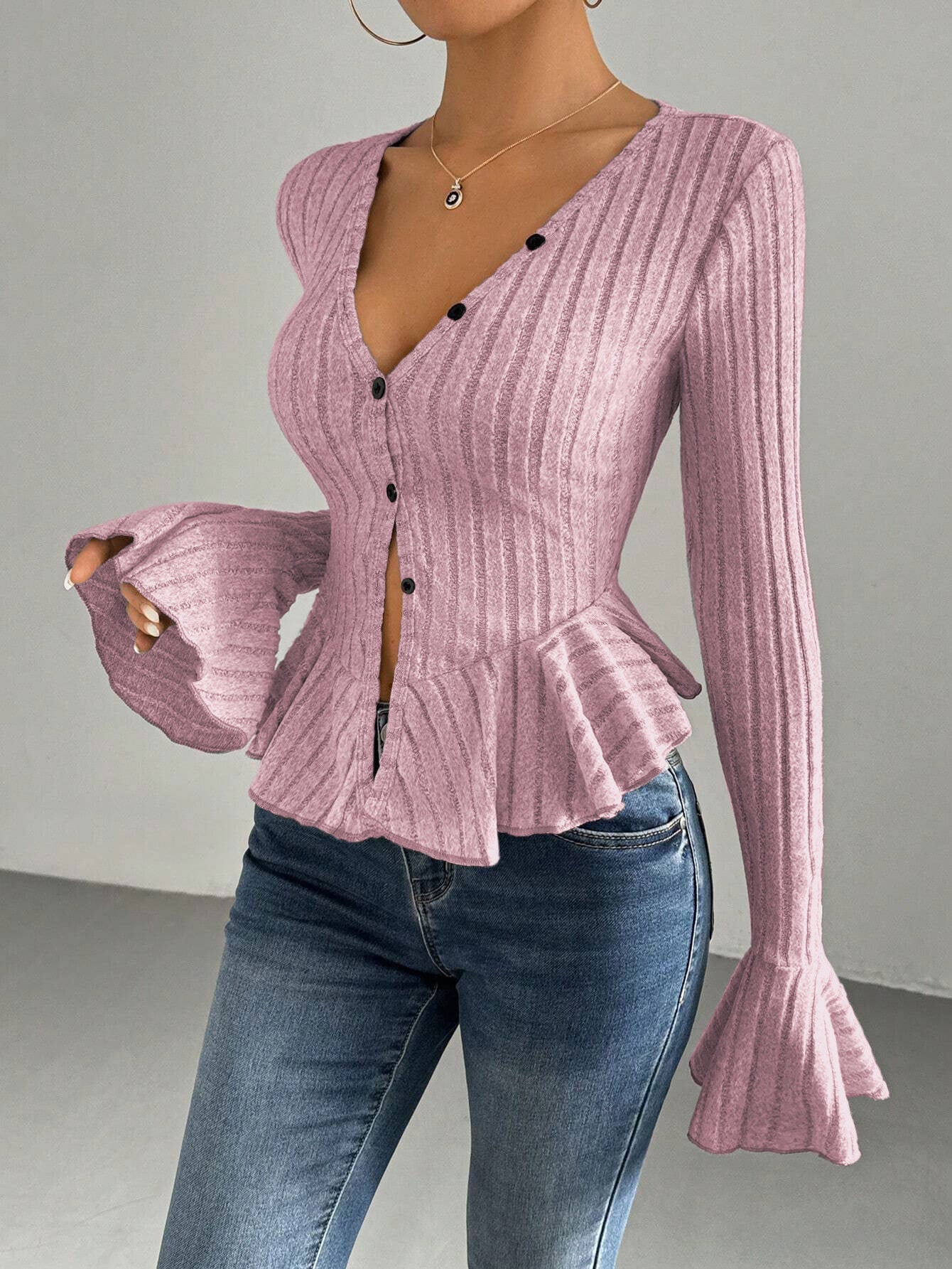 Women's knitted top with sophisticated box pleat design and button placket NOVAE