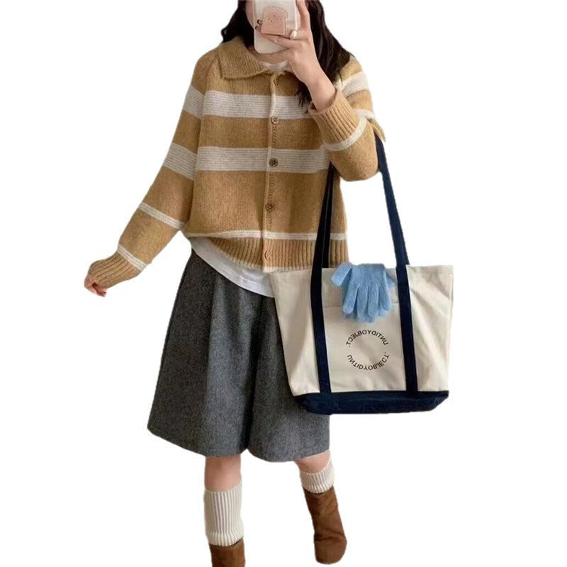 Women's fashionable knit cardigan with elegant stripes and wooden buttons NOVAE