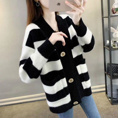 Women's chunky knit cardigan with Breton stripes and practical pockets NOVAE