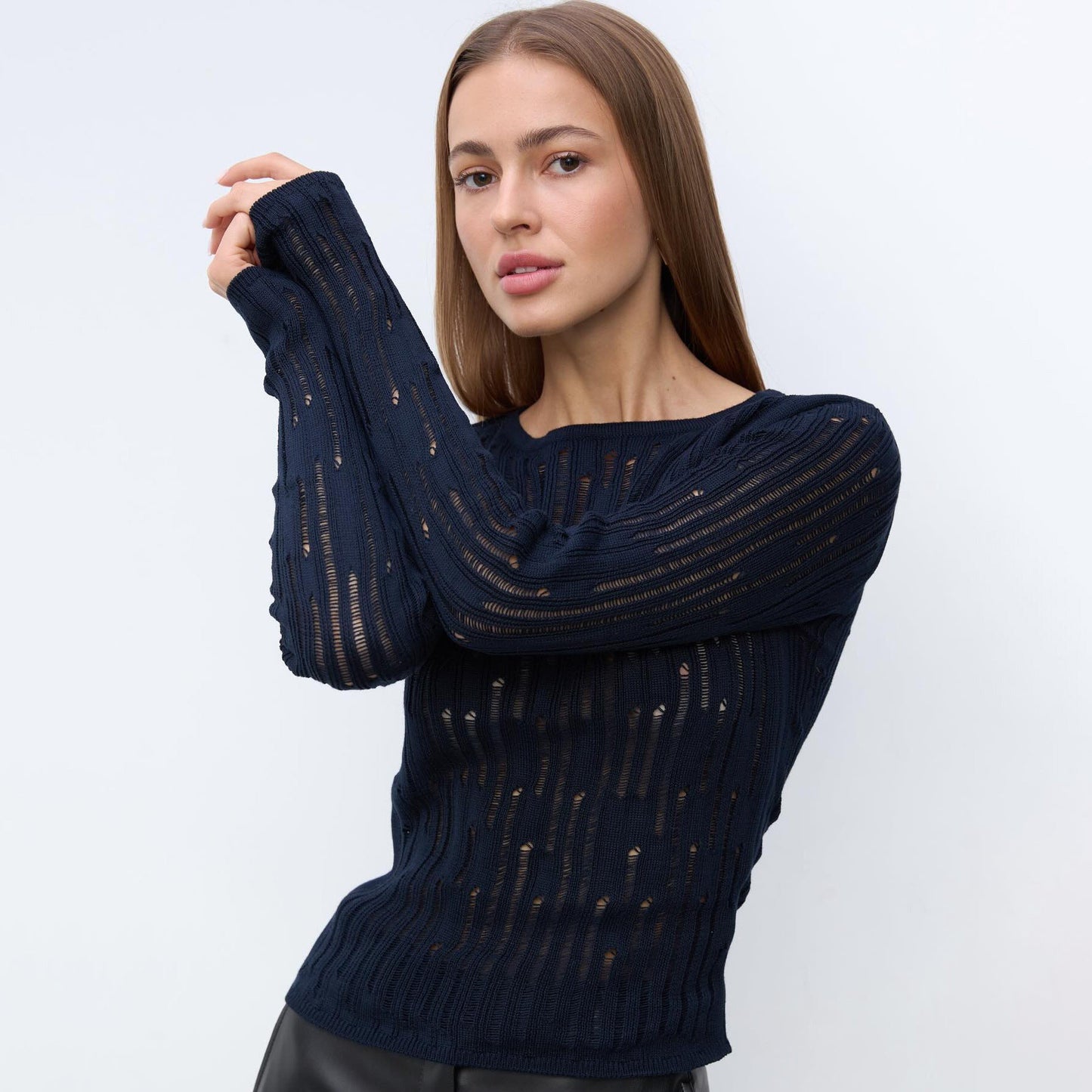Women's elegant knit sweater with sophisticated openwork pattern and minimalist details NOVAE