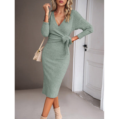 Women's wrap dress with deep V-neck and waist belt NOVAE