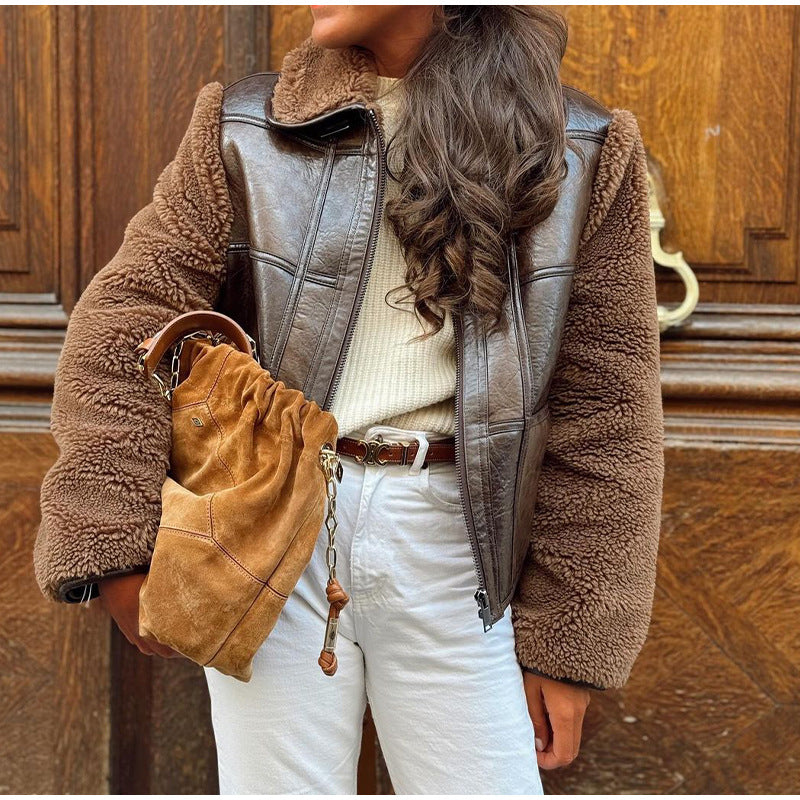 Women's faux fur leather jacket in an elegant oversized style NOVAE