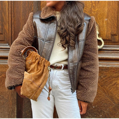 Women's faux fur leather jacket in an elegant oversized style NOVAE