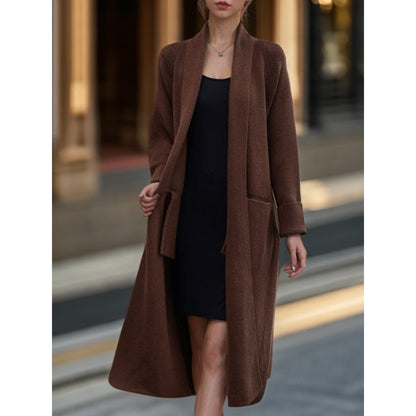 Women's long knitted coat with open cut and practical pockets NOVAE