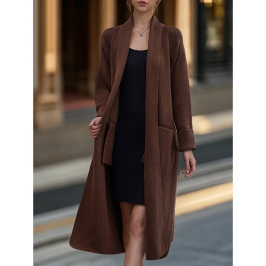 Women's long knitted coat with open cut and practical pockets NOVAE