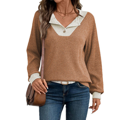 Women's casual long-sleeved sweater with shirt collar and decorative cut NOVAE
