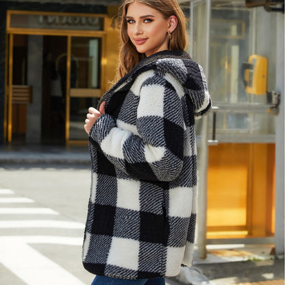 Women's Plush Check Jacket with Oversized Fit and Hood NOVAE