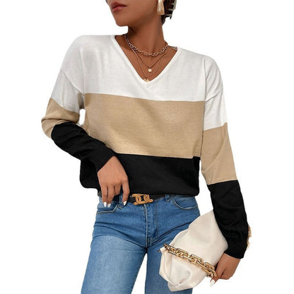 Women's V-neck sweater with striped design and casual cut NOVAE
