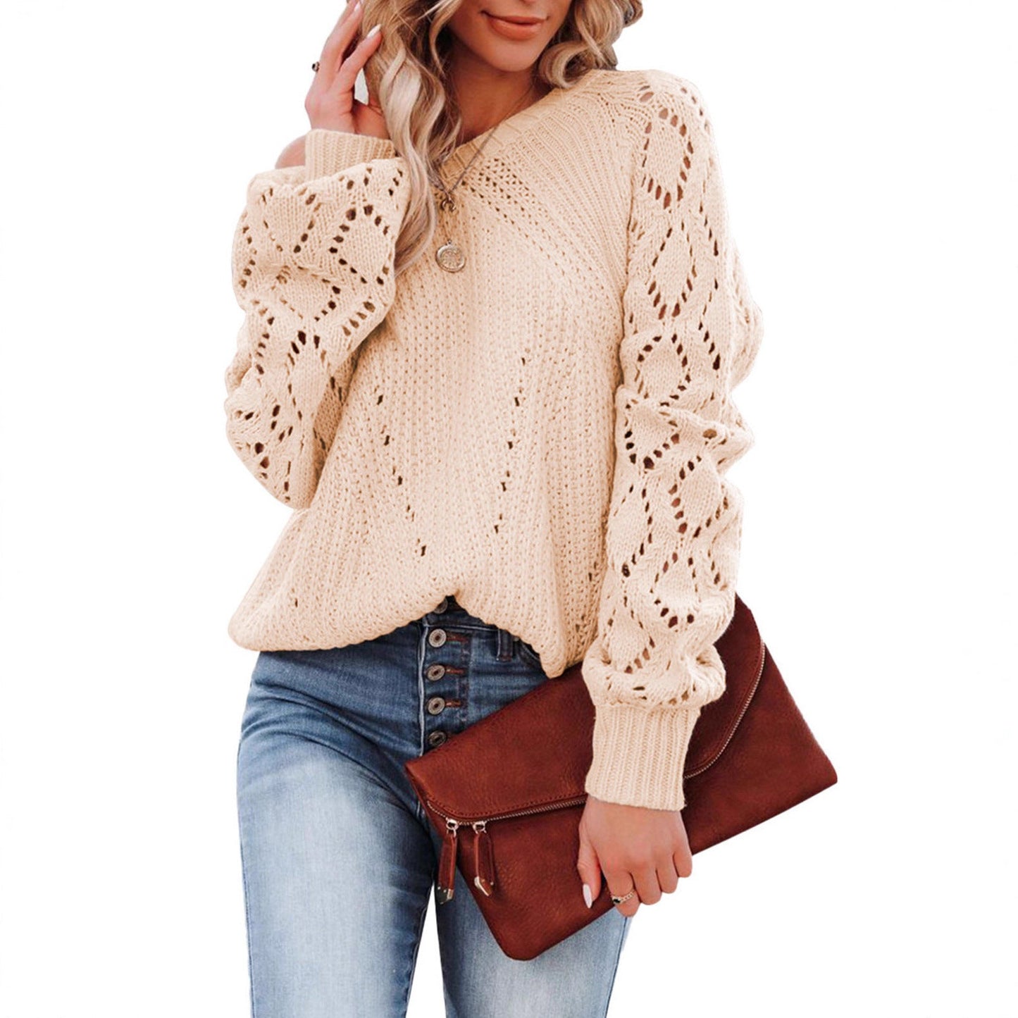 Women's knitted sweater with detailed openwork pattern and relaxed fit NOVAE